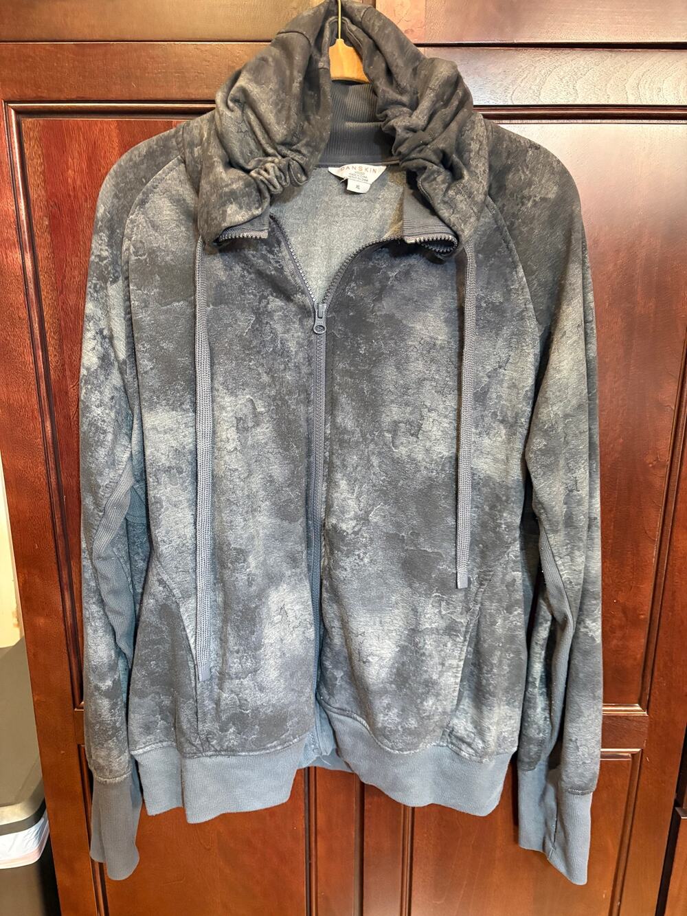Danskin Women's Gray Tie-Dye Double Collar Full Zip Hooded Jacket Size XL